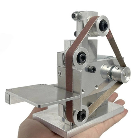 Pugermering Mini Belt Sander Electric Power Tool With Bench Grinder And Polisher Functions Adjustable Angle Worktable Compact Aluminum Alloy Design 30X300mm Ribbed Wheel Automatic Correction For DIY Projects on hand.