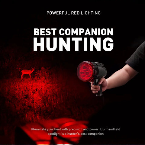 Person using Beast Mode Rechargeable LED Spotlight Portable Handheld Searchlight 6000 Lumens for hunting with red filter lens.