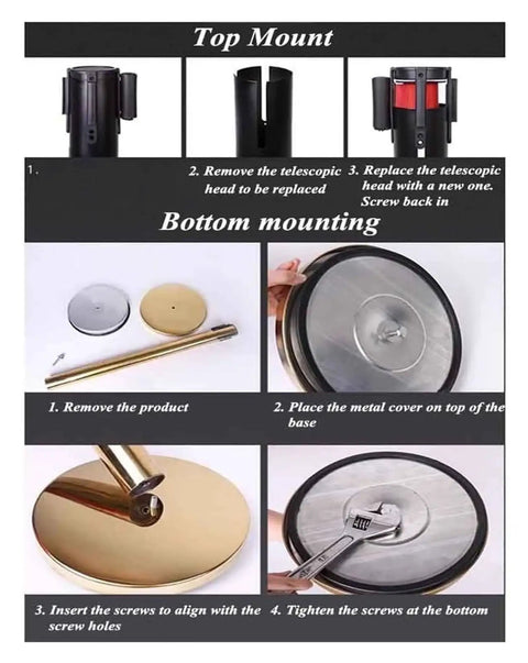 Instructions for installing Rock Solid Stainless Steel Stanchion Pair with retractable cord and top/bottom mounting details.