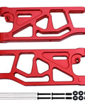 Aluminum Rear Lower Suspension Arms Set For ARRMA Mojave 6S BLX Desert Truck One Seventh Scale Upgrade Red Anodized CNC Machined Replaces ARA330607 featuring two red anodized arms and hardware components.
