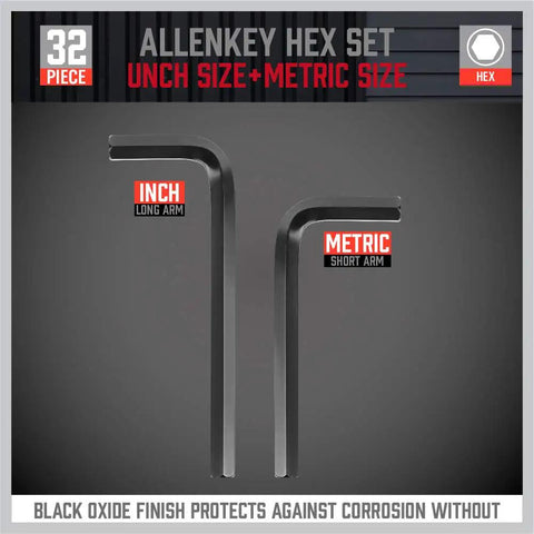 Beefy 32 Piece Hex Key Wrench Set With Long And Short L Shaped Allen Keys In Metric And SAE Sizes Chrome Vanadium Steel With 2 Extension Handles For Bike Repairs Furniture Builds Machinery And Equipment Tightening close-up on long and short keys