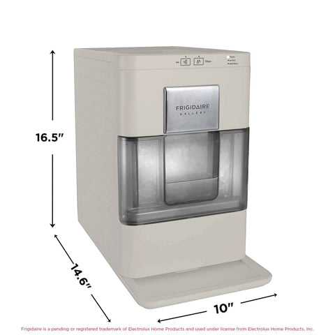 Cream Countertop Nugget Ice Maker With Visible Window And Sleek Touchscreen, measuring 16.5" H x 10" W, sleek design.