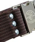 Close-up of quick-release metal buckle on 2 Inch Wide Electrician Tool Belt, Adjustable Up To 48 Inch Waist, Beefy Nylon Webbing, Corrosion Resistant Hardware.