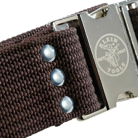 Close-up of quick-release metal buckle on 2 Inch Wide Electrician Tool Belt, Adjustable Up To 48 Inch Waist, Beefy Nylon Webbing, Corrosion Resistant Hardware.