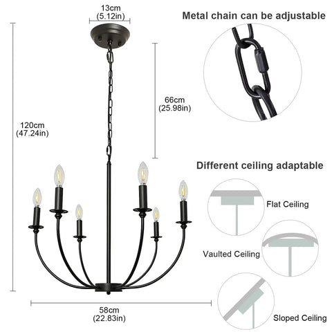Diagram of Six Light Black Farmhouse Industrial Metal Chandelier With Classic Candle Pendant Style detailing size and ceiling adaptability.