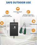 Universal External Receiver Kit With 2 Remotes For Garden Swing And Sliding Gate Openers, outdoor ready, shown with features.