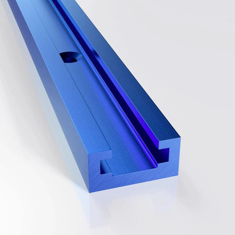36 Inch Double Cut Profile Universal T Track For Woodworking With Pre Drilled Mounting Holes And Screws Sandblast Anodized Aluminum Extrusion T Rail Track Sapphire Blue 4 Pack, side view showing predrilled hole.