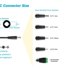 Diagram showing DC connector sizes and plug polarity for 24V 1A Power Adapter From 100V To 240V AC To 24V DC UL Listed.