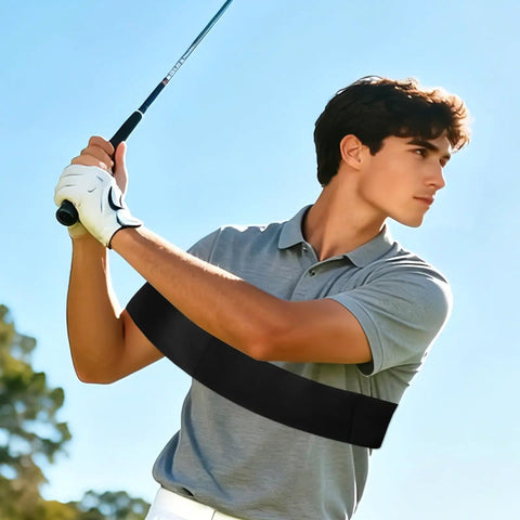 Golfer using Golf Swing Arm Band Training Aid for Correct Posture and Stable Swing Pro Grade Foldable Elastic Band Arm Trainer.