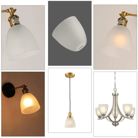 4 Pack Bell Shaped Frosted Glass Shade Replacement for Ceiling Fans and Wall Light Fixtures, shown in various lighting setups