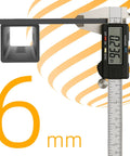 Digital caliper measuring 6mm with 0.236 inch digital display next to a metal square tube.