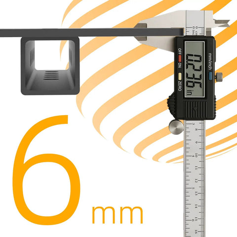 Digital caliper measuring 6mm with 0.236 inch digital display next to a metal square tube.