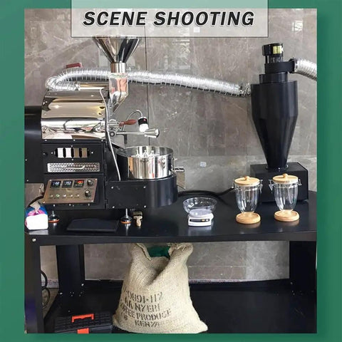 Scene of large capacity home coffee roaster with timer for easy roasts, nonstick machine for beginners and small cafes.