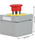 Rugged One Button Emergency Stop Switch Box With Red Push Button IP66 Enclosure Aluminum Die Cast Housing Normally Closed Industrial Grade Stop Button Box Built For Harsh Environments 80 By 75 By 60 Mm shown at an angle