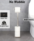 Free Standing Toilet Paper Holder for Bathroom Made From SUS 304 Stainless Steel With Brushed Finish Super Sturdy Rust Proof Anti Corrosion Roll Holder For Wet Areas No Fuss Mount Durable Bathroom Accessory DZY005-LS beside toilet, brushed finish; size and weight details shown