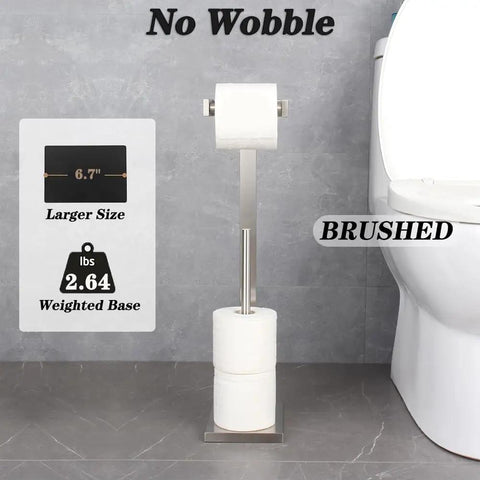 Free Standing Toilet Paper Holder for Bathroom Made From SUS 304 Stainless Steel With Brushed Finish Super Sturdy Rust Proof Anti Corrosion Roll Holder For Wet Areas No Fuss Mount Durable Bathroom Accessory DZY005-LS beside toilet, brushed finish; size and weight details shown