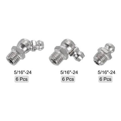 Nickel-Plated Steel Grease Fitting Set 18 Pcs Straight And Angled Nipples With 5/16-24 Thread Includes 90 Degree And 45 Degree