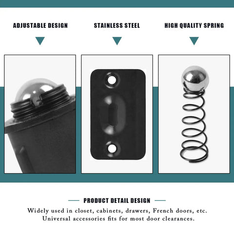 Interior Door Ball Catch Kit With Drive In Design And Adjustable Tension Concealed Dual Bearing Ball Catch System Self Embedding Black Finish 2 Pack components including ball catch, plate, and spring.