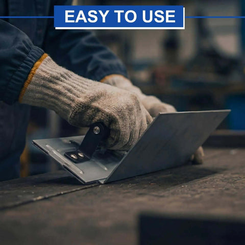 Person using 18 Inch Sheet Metal Folding Tool Steel Bender For Standing Seam Roofing Drip Edge HVAC Ducts And Roofing Panels Fabrication Heavy Duty Pro Grade Metalworking Tool For Pros on a workbench