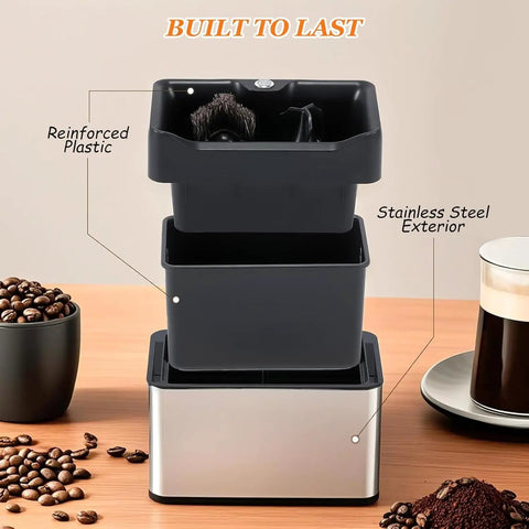 Game Changing Automatic Espresso Knock Box Operating As An Electric Portafilter Cleaner For Fast Coffee Puck Removal And No Sweat Cleanup That Elevates Any Home Barista Session To Pro Level Vibes with reinforced plastic and stainless steel exterior.