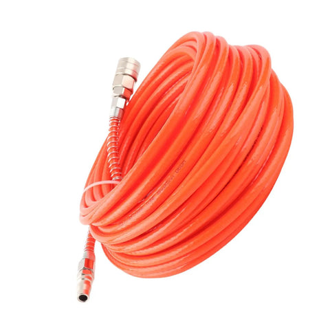 Heavy Duty Air Compressor Hose 20M With One Quarter Inch NPT Connector For Pneumatic Tools Auto Repair Shops Plus Home Garages High Pressure PU Tube 15Bar Handle Tire Inflation Impact Wrench Job Sites Workshop Beast Top Tier Pro Grade Build Red coiled with metal fittings