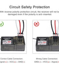 Circuit safety protection with correct and incorrect cable connections for Six Channel 2.4GHz RC Transmitter And Receiver With Built In Gyro X6FG Pro Grade Fail Safe And Low Voltage Alarm 3ms Response Time Strong Anti Interference Long Range Up To 400 Meters For Cars Boats Tanks Remote Controller.