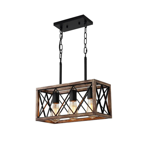 Industrial Farmhouse Three Light Pendant Ceiling Light With Wood Grain Finish, Adjustable Height Kitchen Island Lighting
