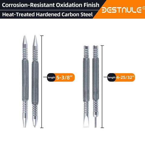 Two tools from the All-In-One 4 Piece Nail Setter Kit With Dual Head Nail Setter And Center Punch displayed with lengths.