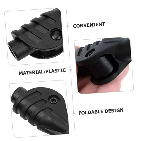 Close-up of black Camping Tent Pole Connector Joint Set Four Pieces For Quick Assembly And Easy Repair Keeps Tent Poles Stable In Wind DIY Tent Repair Kit For Campers And Hikers Ultra Reliable Pole Adapters showing plastic material and foldable design.