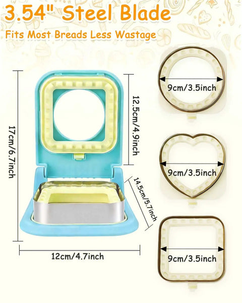 Craft Homemade Uncrustable Sandwiches With This Three-in-One Crustless Cutter And Sealer Machine showing 3 cutter shapes and dimensions.