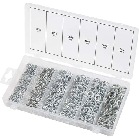 Heavy Duty Spring Washer Assortment Kit Built Tough For Garage Hustles And Auto Repair Projects Featuring Locking Discs In Metric Sizes M3 Through M10 With A Solid Pack Of 1200 Pieces in clear organizer.