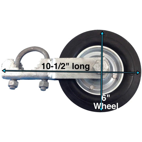 Gate Helper Wheel for Swing Gates 1-3/8 to 1-7/8 Inch Frames, galvanized steel frame with 6-inch wheel and measurements.