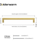 Diagram of brushed brass cabinet pull with dimensions, part of Brushed Brass Cabinet Pulls 25 Pack For Kitchen Cabinets And Dressers Modern Square Cupboard Handles With Ten Inch Center Holes And Ten And A Half Inch Overall Length Includes Easy Install Screws.