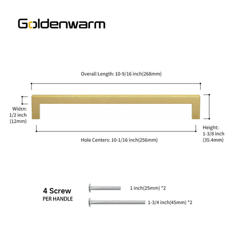 Diagram of brushed brass cabinet pull with dimensions, part of Brushed Brass Cabinet Pulls 25 Pack For Kitchen Cabinets And Dressers Modern Square Cupboard Handles With Ten Inch Center Holes And Ten And A Half Inch Overall Length Includes Easy Install Screws.
