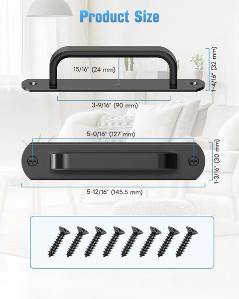 Dimensions of black 5.7 Inch Sliding Barn Door Handle Aluminum Alloy Cabinet Pull with screws, ergonomic design shown in room setting.