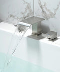 2 Handle Deck Mount Roman Tub Faucet Set In Brushed Nickel pouring water, modern dual control bathtub fixture with high flow