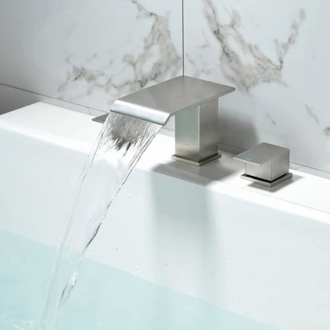 2 Handle Deck Mount Roman Tub Faucet Set In Brushed Nickel pouring water, modern dual control bathtub fixture with high flow