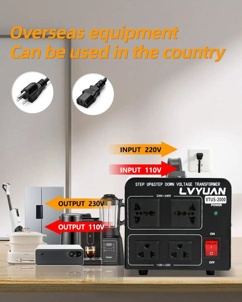 Heavy Duty 2000W Voltage Transformer Converter Step Up From 110-120V To 220-240V And Step Down From 220-240V To 110-120V with outlets.