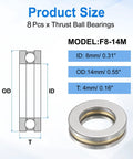 F8-14M thrust ball bearing set, 8 pieces, chrome steel, 8 mm ID, 14 mm OD, 4 mm thick