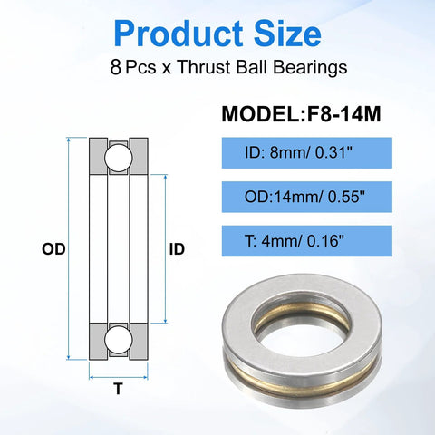 F8-14M thrust ball bearing set, 8 pieces, chrome steel, 8 mm ID, 14 mm OD, 4 mm thick