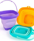 Three Pack Collapsible Beach Buckets For Kids And Toddlers, Foldable Sand Toys in purple, blue, yellow for beach day fun