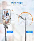 Go To 50 Inch Extendable Selfie Stick Tripod For Phones With Remote Shutter, shown with rotating angles and phone mount