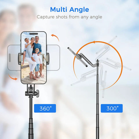 Go To 50 Inch Extendable Selfie Stick Tripod For Phones With Remote Shutter, shown with rotating angles and phone mount