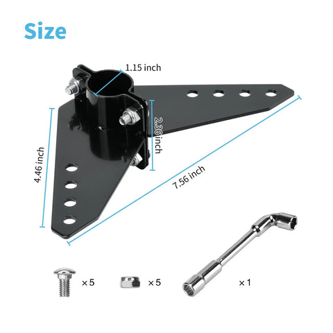 Steering Triangle For Newport NK-180S Kayak Motor Stainless Steel Construction Anti Rust Marine Steering Connector No Fuss Install 4 Adjustable Holes For Precise Rudder Pedal Control, displayed with dimensions and hardware components.