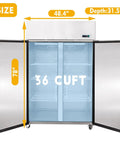 Heavy Duty Commercial Upright Freezer Stainless Steel Two Door Reach In Cooler 36 Cubic Foot Capacity with dimensions 48.4x31.5x78 inches.