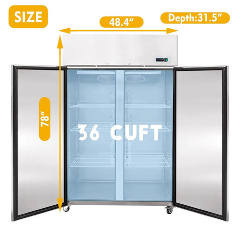 Heavy Duty Commercial Upright Freezer Stainless Steel Two Door Reach In Cooler 36 Cubic Foot Capacity with dimensions 48.4x31.5x78 inches.