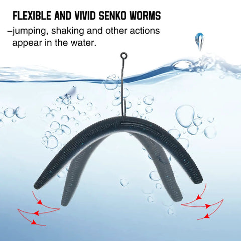 Bass Fishing Lure Kit With 30 Senko Worms In 5 Inch Size For Freshwater And Saltwater Tackle Box Included underwater action