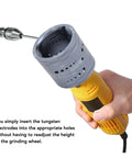 Close-up of hand using Electrode Sharpener Grinder For Welding, 6 Sizes And 8 Angles, durable aluminum alloy tool with needle.