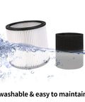 Replacement HEPA Cartridge Filters With Lid For 5 Gallon And Up Wet Dry Vacuums shown with water splashes, washable label