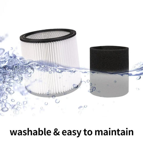 Replacement HEPA Cartridge Filters With Lid For 5 Gallon And Up Wet Dry Vacuums shown with water splashes, washable label